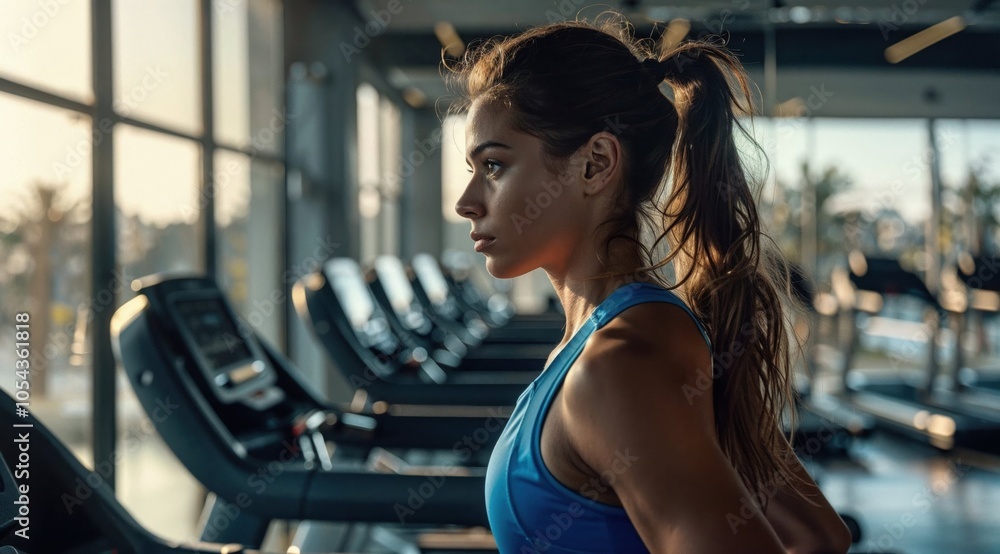 Fototapeta premium A woman is currently standing in a gym adjacent to a treadmill