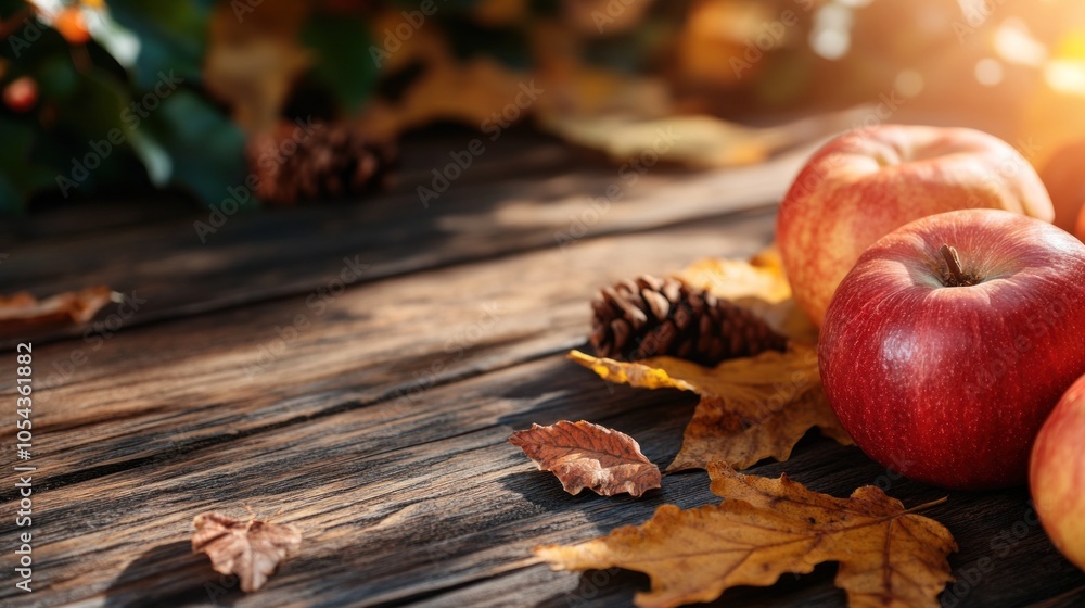 Bright red apples rest on a rustic wooden table surrounded by fallen leaves and pinecones, illuminated by soft afternoon sunlight, capturing the essence of autumn Bright red apples rest on a rustic wooden table surrounded by fallen leaves and pinecones, illuminated by soft afternoon sunlight, capturing the essence of autumn