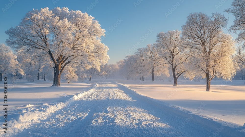 Obraz premium A peaceful winter morning reveals a snow-covered pathway flanked by tall, frosty trees, reflecting the soft light of the sun and creating a serene atmosphere