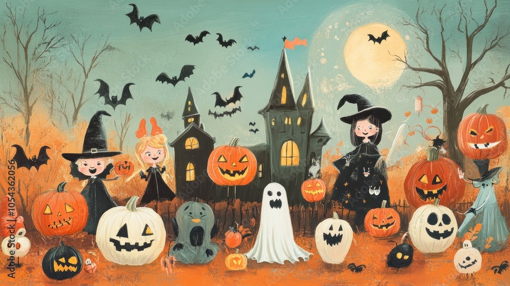 A spooky Halloween scene with witches, pumpkins, bats, a ghost, and a castle in the background. A spooky Halloween scene with witches, pumpkins, bats, a ghost, and a castle in the background.