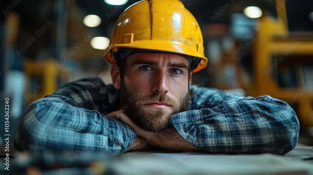 A construction worker rests his head on his arms in a workshop filled with tools, contemplating the tasks completed and those that remain, surrounded by a warm glow A construction worker rests his head on his arms in a workshop filled with tools, contemplating the tasks completed and those that remain, surrounded by a warm glow