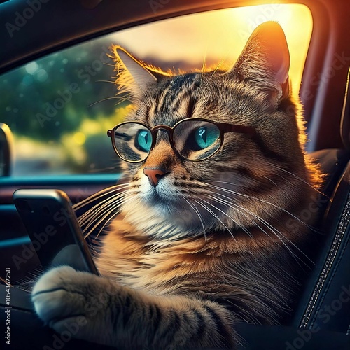 Tabby cat with phone in car