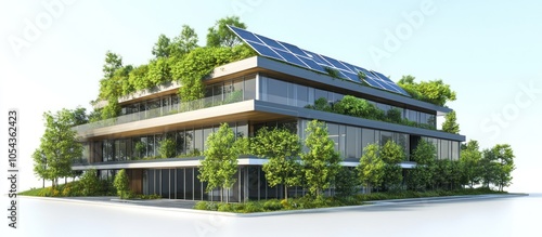 Modern, green office building with solar panels on the roof and lush greenery surrounding it.