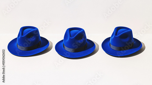 Three Blue Fedora Hats in a Row on White Background photo