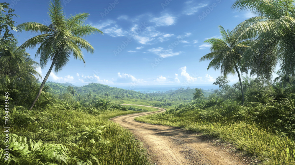 Tropical Island Road with Palm Trees and Lush Greenery Tropical Island Road with Palm Trees and Lush Greenery