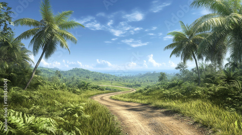 Tropical Island Road with Palm Trees and Lush Greenery