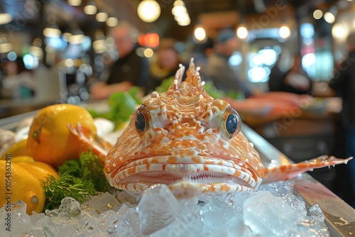 Close up of Scorpionfish on ice at a busy fish market surrounded by fresh lemons and herbs. Concept of seafood, culinary freshness and scenes at a food market and restaurant photo