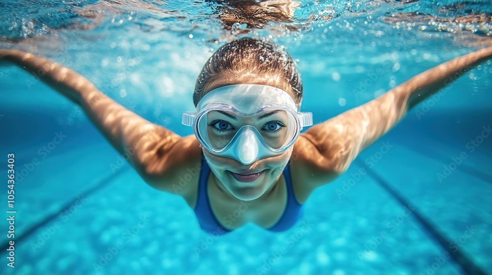 Fototapeta premium Female swimmer at the swimming pool. Underwater photo, Generative Ai