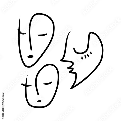 Modern abstract minimalistic Modern abstract minimalistic continuous faces set portrait composition. Linear ink brush face. Line art contemporary continuous cubism painting. Fashion style black and