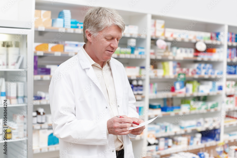 Man, reading and pharmacist with medical prescription at dispensary for medication, supplements or pills. Chemist, inventory and male apothecary with stock list for medicine or tablets in drug store. Man, reading and pharmacist with medical prescription at dispensary for medication, supplements or pills. Chemist, inventory and male apothecary with stock list for medicine or tablets in drug store.