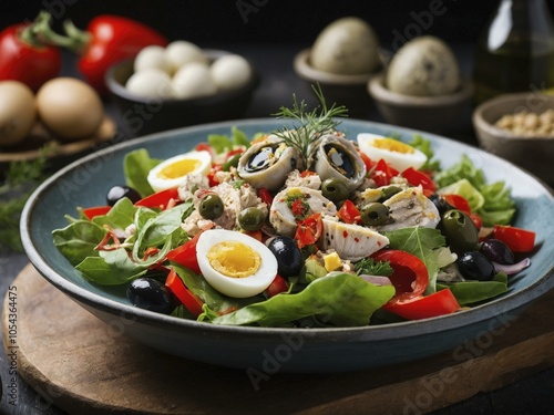 Delicious Tuna and Quail Egg Salad with Olives and Red Pepper