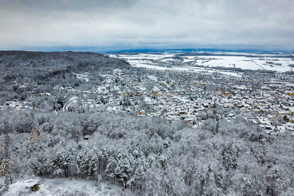 A snowy landscape with a town in the distance. The sky is cloudy and the snow is covering the ground. Germany.