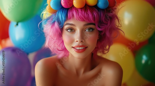 Colorful Celebration: Portrait of a Woman with Vibrant Hair and Balloon Background