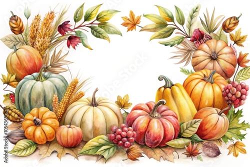 watercolor botanical frame with autumn harvest on white background