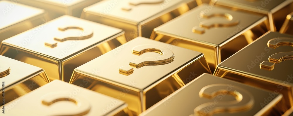 Gold bars surrounded by question marks and caution symbols ...
