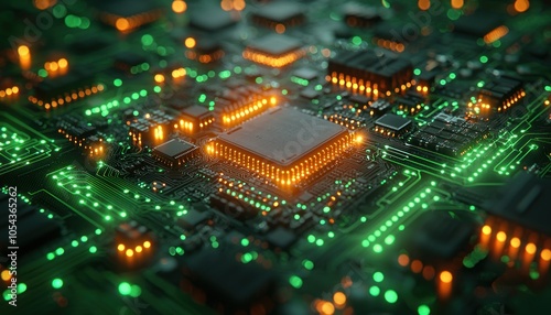 Close-up of a circuit board with glowing green and orange lights