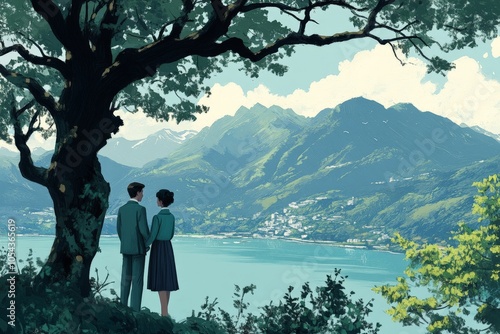 Couple gazing into the distance under a giant tree with lush greenery around capturing a peaceful and introspective scene in a natural setting