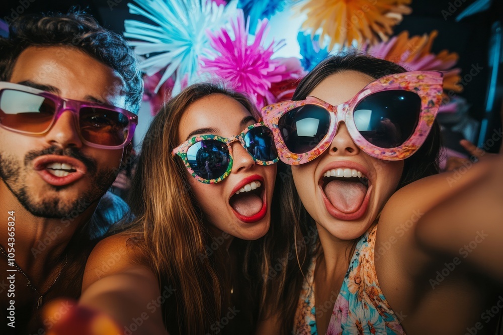 A vibrant party scene featuring three friends posing for a selfie. They are wearing oversized, colorful sunglasses and have playful expressions.