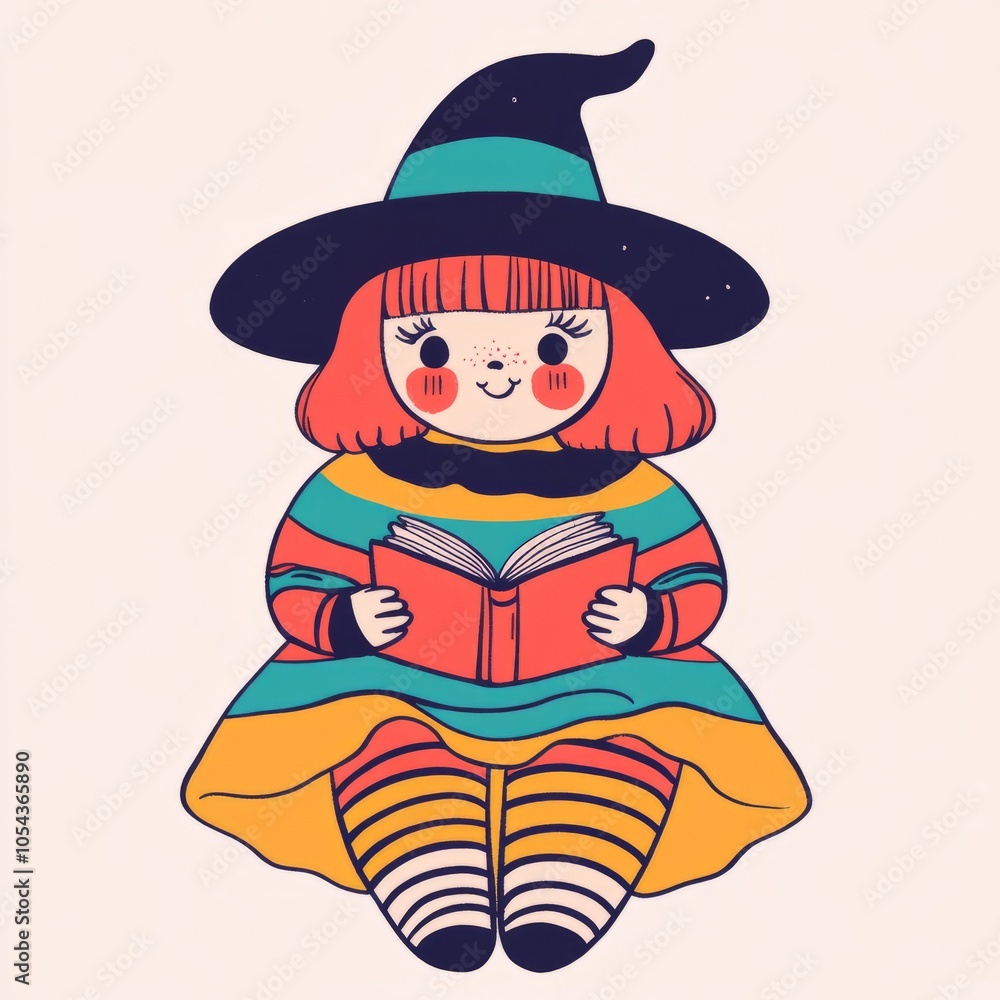 A cute cartoon witch with a book, wearing a colorful outfit and hat. A cute cartoon witch with a book, wearing a colorful outfit and hat.