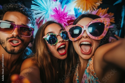 Obraz na płótnie A vibrant party scene featuring three friends posing for a selfie. They are wearing oversized, colorful sunglasses and have playful expressions. w salonie