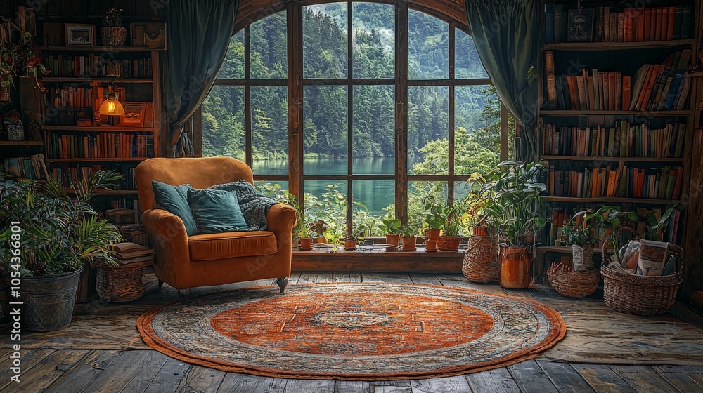 Cozy reading nook with a view of nature through large windows. Cozy reading nook with a view of nature through large windows.
