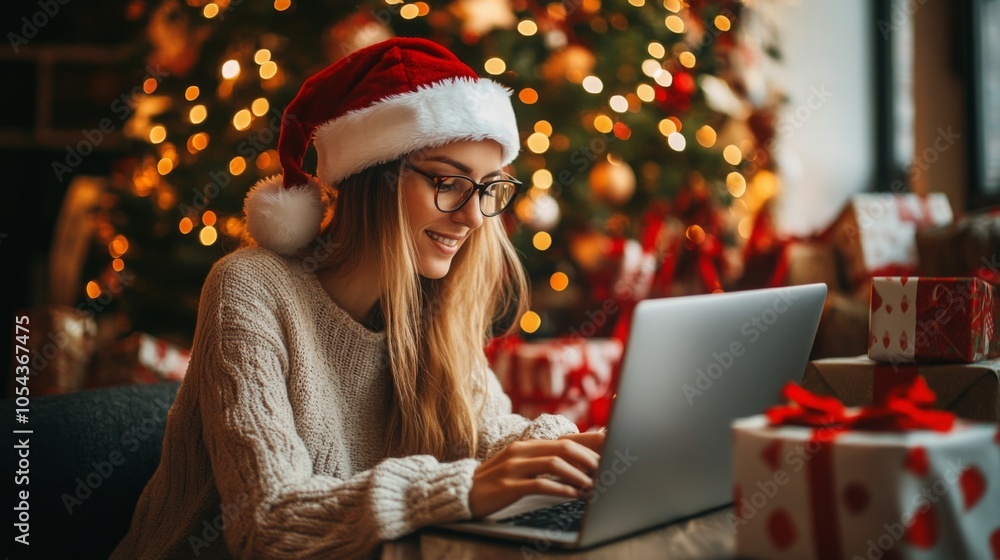 On a cozy holiday evening, a smiling woman in glasses types on her laptop next to a festive Christmas tree, surrounded by wrapped gifts and a warm, cheerful atmosphere. On a cozy holiday evening, a smiling woman in glasses types on her laptop next to a festive Christmas tree, surrounded by wrapped gifts and a warm, cheerful atmosphere.