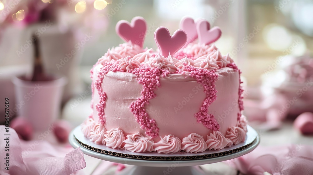A pink frosted cake decorated with pink hearts and sprinkles on a cake stand. A pink frosted cake decorated with pink hearts and sprinkles on a cake stand.