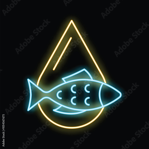 Blue neon fish is inside yellow neon drop of fish oil symbolizing healthy fats and benefits for health