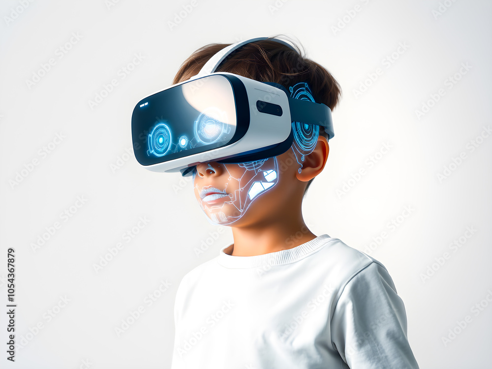 Little boy in virtual reality goggles. Future technology concept. 3D Rendering Little boy in virtual reality goggles. Future technology concept. 3D Rendering