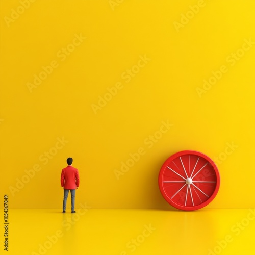 A small figure stands before a large red wheel against a bright yellow background.