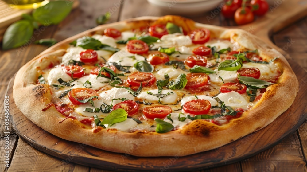 Gourmet pizza with mozzarella, basil, and cherry tomatoes on a wooden table Gourmet pizza with mozzarella, basil, and cherry tomatoes on a wooden table