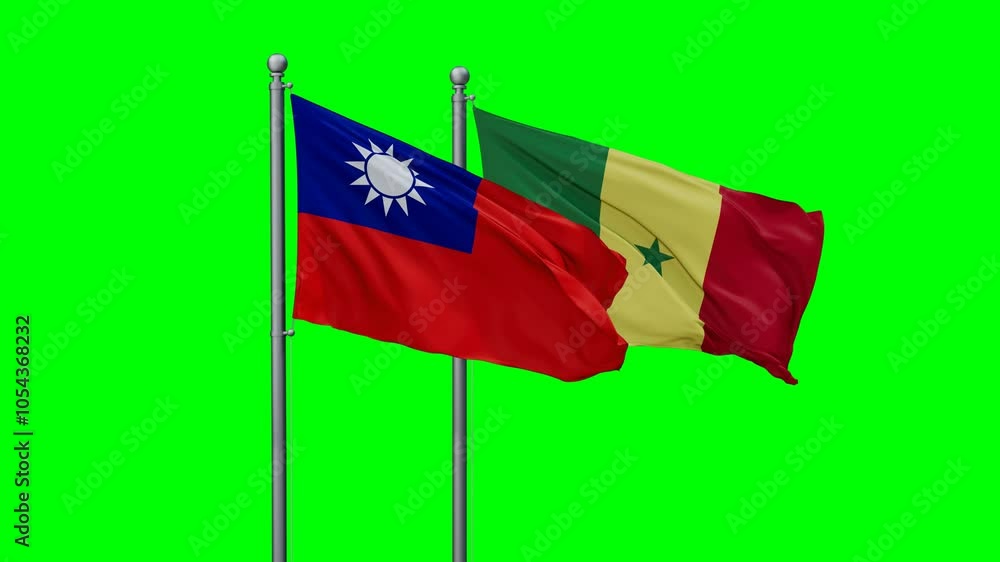 Republic of Senegal and Taiwan flags flying together, video concept of the relationship with colored chroma key for easy background remove, two country cooperation concept Republic of Senegal and Taiwan flags flying together, video concept of the relationship with colored chroma key for easy background remove, two country cooperation concept