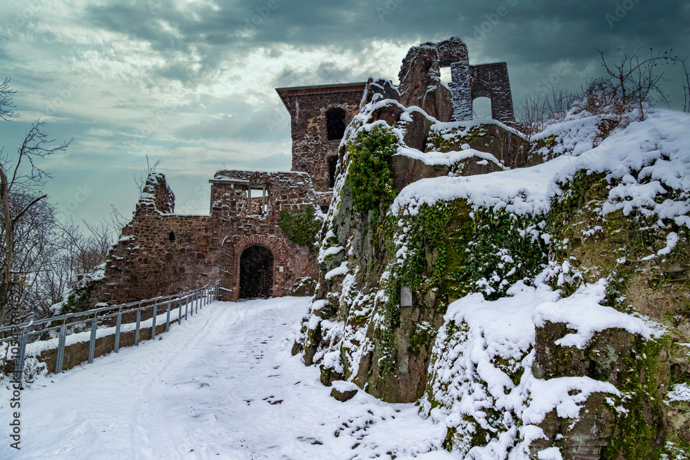 A castle with a snow covered roof and a steeple. The castle is surrounded by a snowy landscape. Ruin of Hohnstein Castle, Harz mountains, Germany.