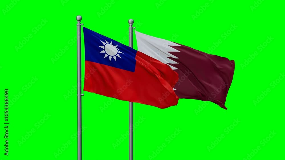 Qatar and Taiwan flags flying together, video concept of the relationship with colored chroma key for easy background remove, two country cooperation concept Qatar and Taiwan flags flying together, video concept of the relationship with colored chroma key for easy background remove, two country cooperation concept
