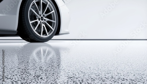 Polished epoxy floor in a bright garage space, highlighting the sleek, seamless design and high-end finish