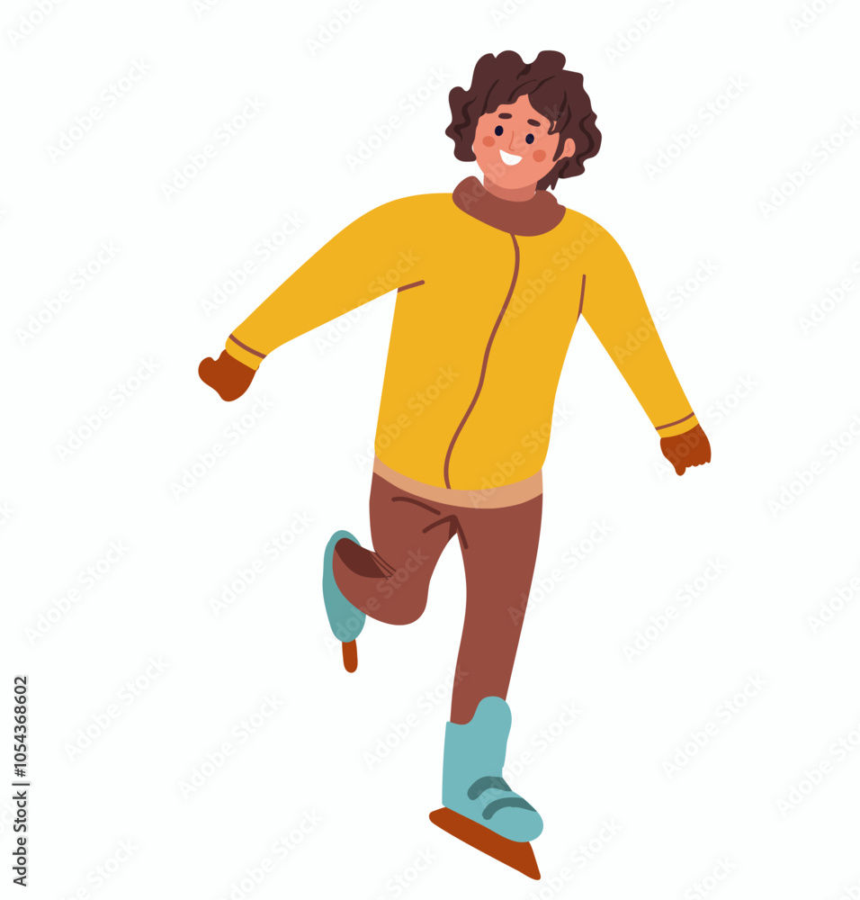 A boy skating on ice rink outdoors in winter. In cold weather. Flat vector illustration isolated on white background A boy skating on ice rink outdoors in winter. In cold weather. Flat vector illustration isolated on white background