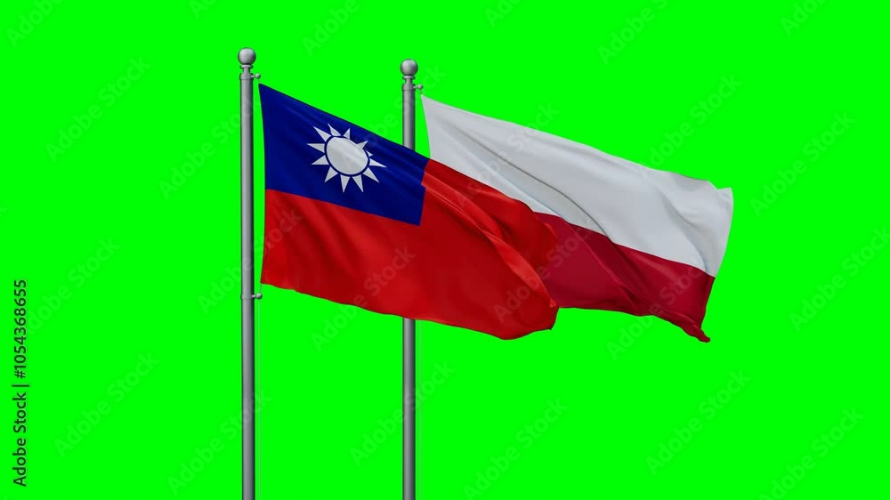 Poland and Taiwan flags flying together, video concept of the relationship with colored chroma key for easy background remove, two country cooperation concept Poland and Taiwan flags flying together, video concept of the relationship with colored chroma key for easy background remove, two country cooperation concept