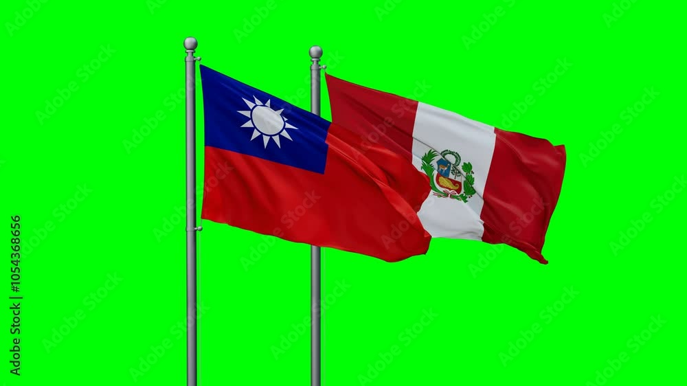 Peru and Taiwan flags flying together, video concept of the relationship with colored chroma key for easy background remove, two country cooperation concept Peru and Taiwan flags flying together, video concept of the relationship with colored chroma key for easy background remove, two country cooperation concept