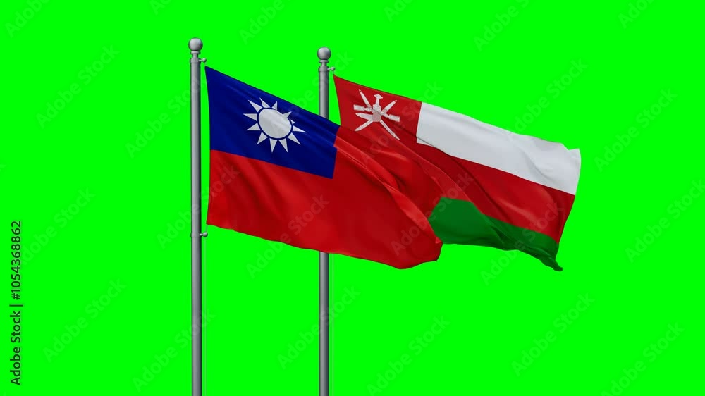 Oman and Taiwan flags flying together, video concept of the relationship with colored chroma key for easy background remove, two country cooperation concept Oman and Taiwan flags flying together, video concept of the relationship with colored chroma key for easy background remove, two country cooperation concept