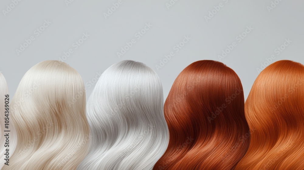 Fototapeta premium Row of wavy hair in shades from platinum blonde to fiery red, representing the spectrum of modern hair color trends