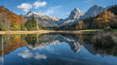 Serene lake with reflections of surrounding mountains and trees, creating a mirror-like effect