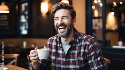 A joyful man enjoying coffee in a cozy café, with warm lighting and a relaxed atmosphere during mid-morning hours