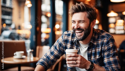 A cheerful man enjoys coffee while laughing in a cozy café setting during the afternoon