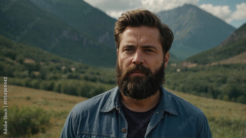 Man with a beard stands in a green valley surrounded by mountains under a partly cloudy sky during daylight hours Man with a beard stands in a green valley surrounded by mountains under a partly cloudy sky during daylight hours