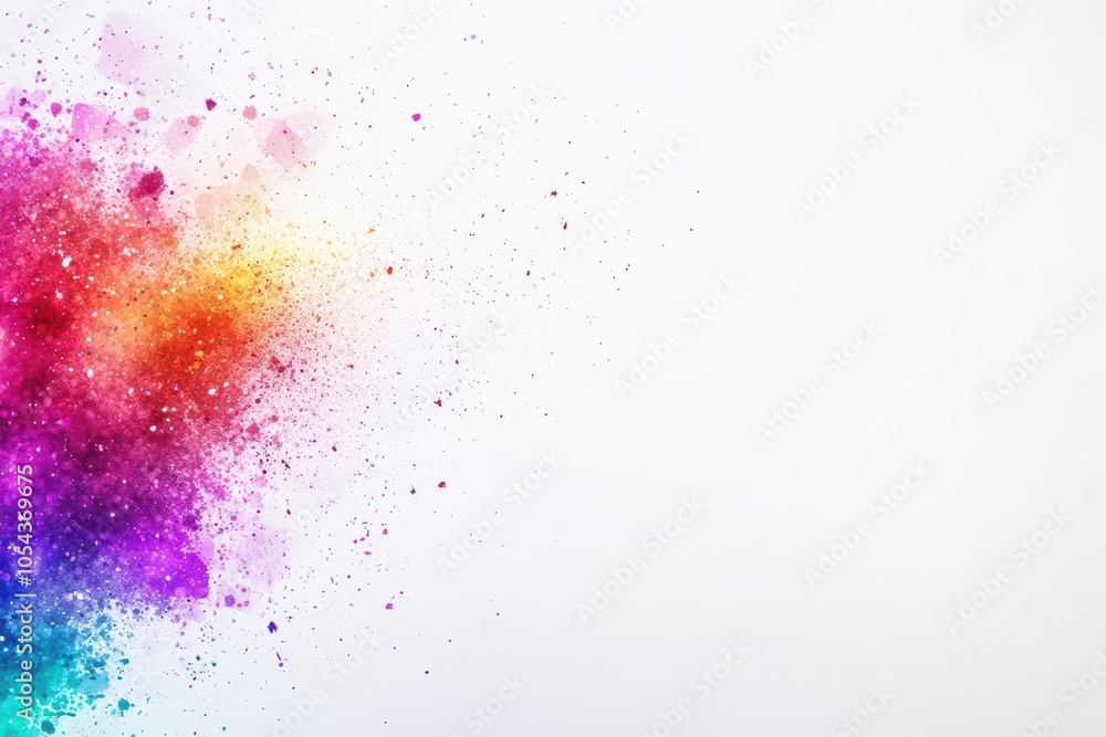 Explosion of vibrant rainbow dust, rich hues expanding on a pure white background, topdown view, dynamic motion frozen in time, glowing particles Explosion of vibrant rainbow dust, rich hues expanding on a pure white background, topdown view, dynamic motion frozen in time, glowing particles