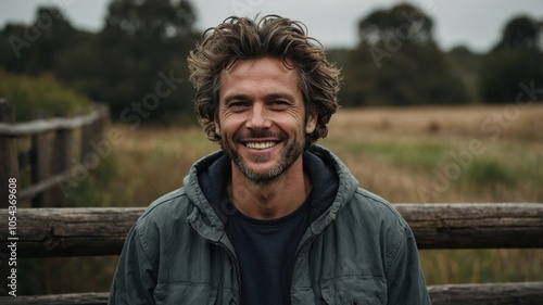A cheerful man with long hair smiles against a rural background during a cloudy day in a natural setting