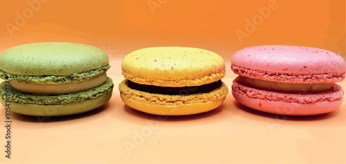 Delicious macaroon cakes isolated. Bright macarons vector background. Sweet background. Multi-colored round cookies and cakes. Bright background.