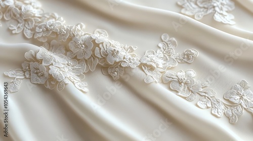 Delicate embroidered lace on soft fabric, ideal for bridal or formal wear.