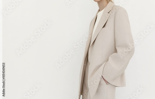 Obraz na płótnie Elegant Woman in a beige Suit, female entrepreneur aesthetic, editorial trending content for instagram social media faceless marketing
w salonie