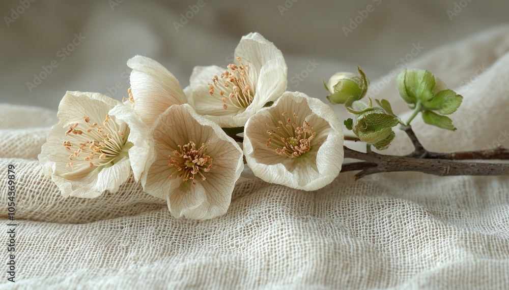 Delicate White Flowers on a Crinkled Fabric Surface Delicate White Flowers on a Crinkled Fabric Surface